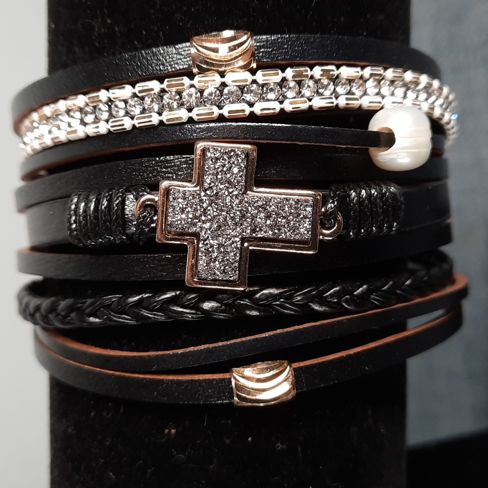 Black Leather Gold Cross Religious Druzy Stone Pearl Magnetic Closure Br…
